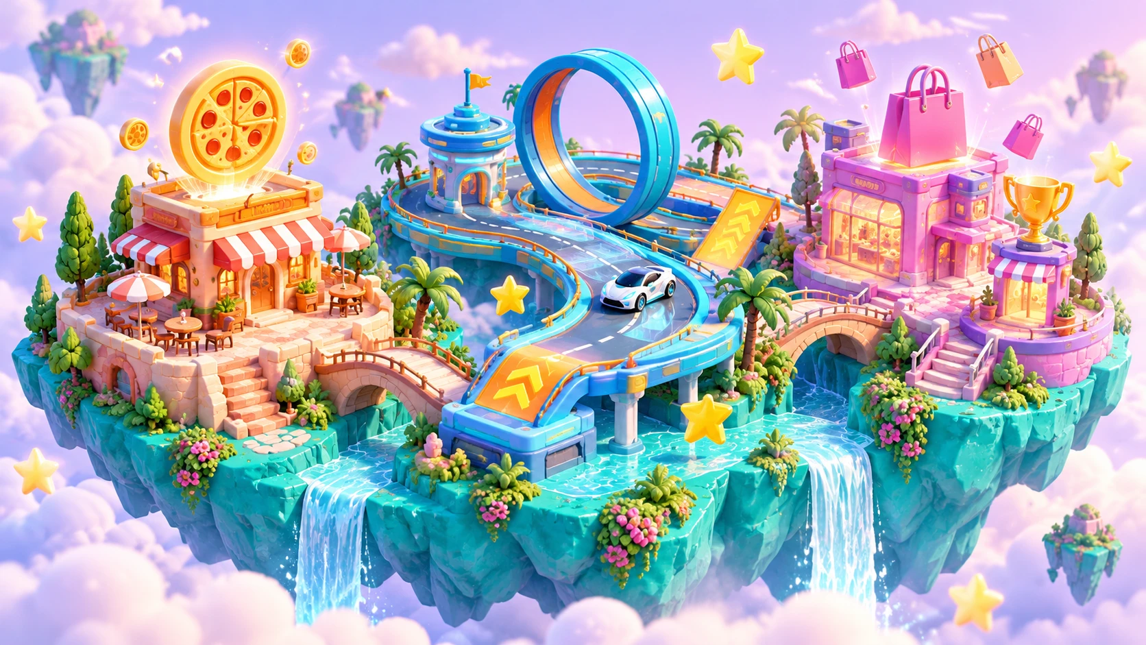 Illustrative branded game worlds: a pizza café, a racetrack, and a retail store connected by a colorful game island